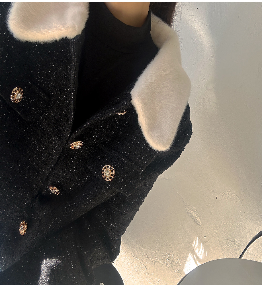 리리앤코 (누빔안감) 버블리안 트위드 투피스 퍼 배색 크롭 자켓